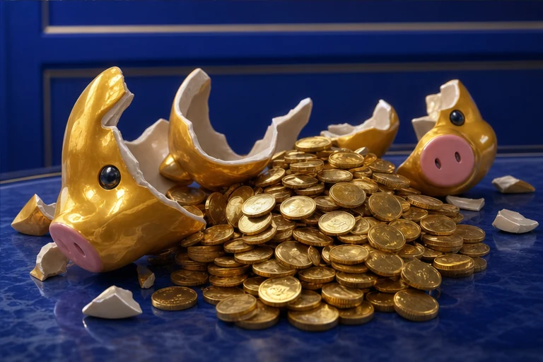 Scherven van een spaarpot met munten