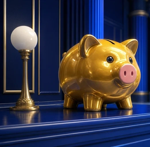 Gouden spaarpot op een bankplank