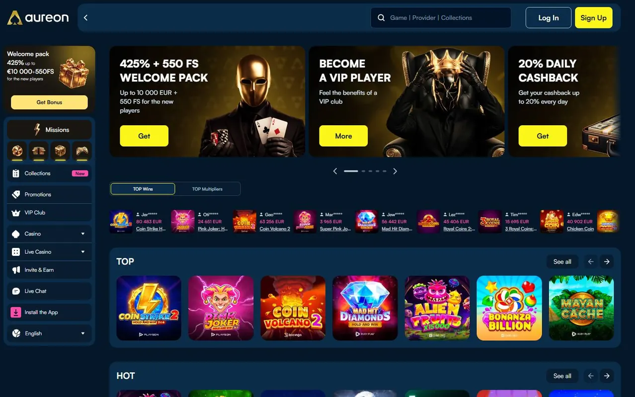 Kader 1: homepage / hero van het casino