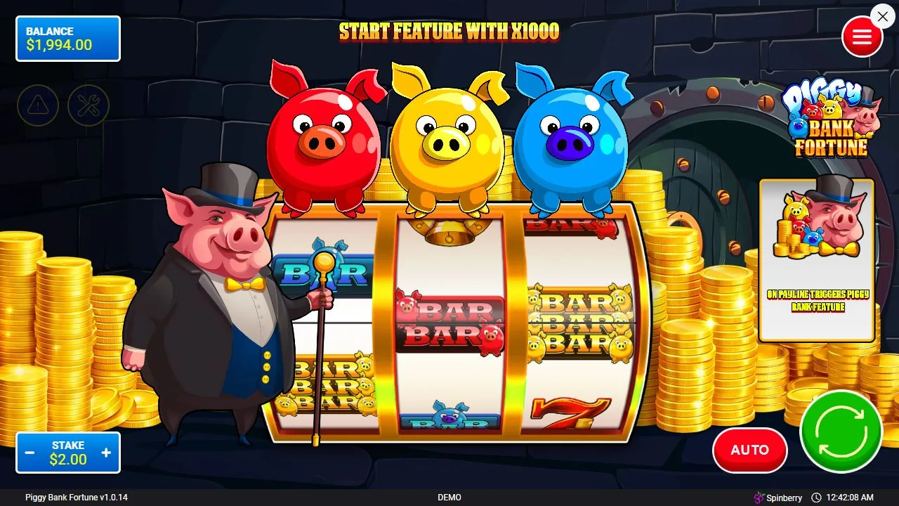 Schermbeeld uit de demosessie van Piggy Bank Fortune