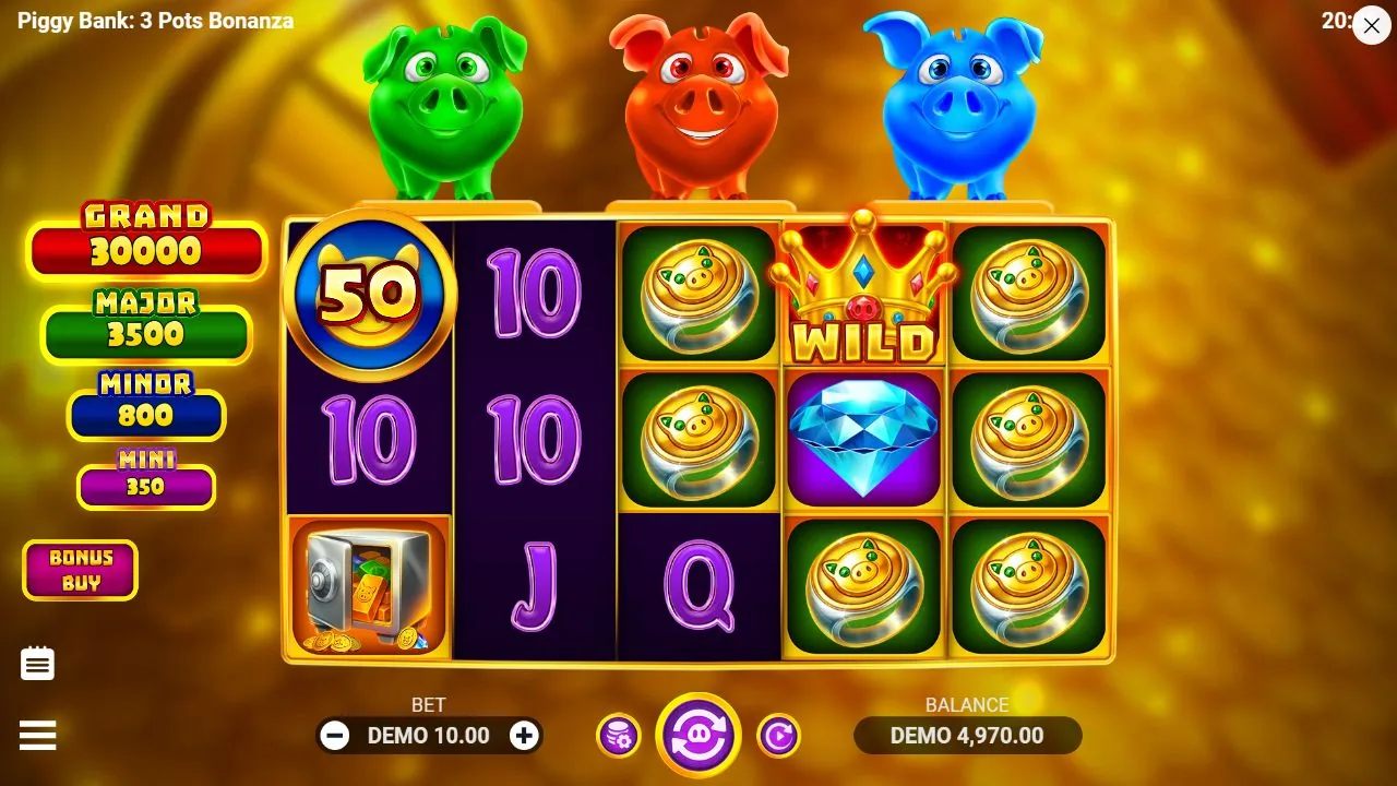 Schermbeeld uit de demosessie van Piggy Bank: 3 Pots Bonanza