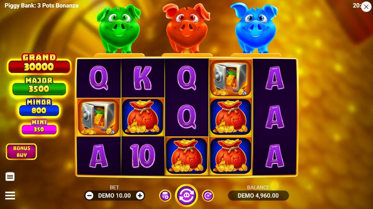 Schermbeeld uit de demosessie van Piggy Bank: 3 Pots Bonanza
