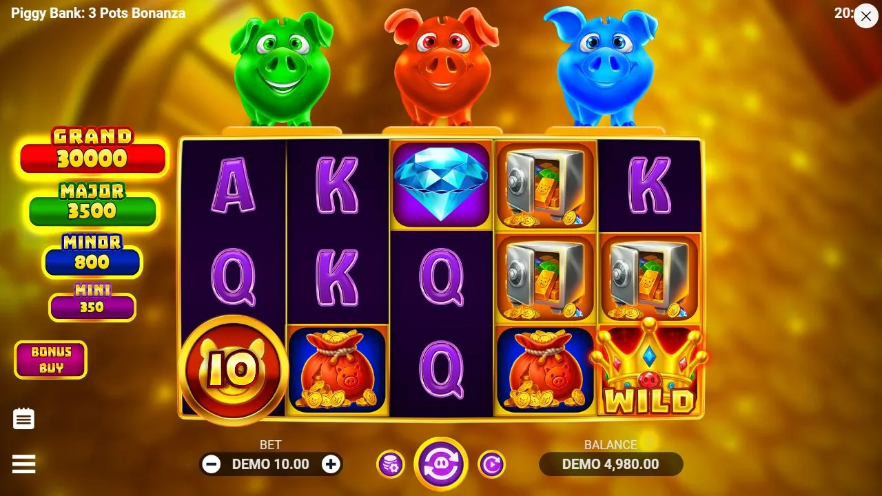 Schermbeeld uit de demosessie van Piggy Bank: 3 Pots Bonanza