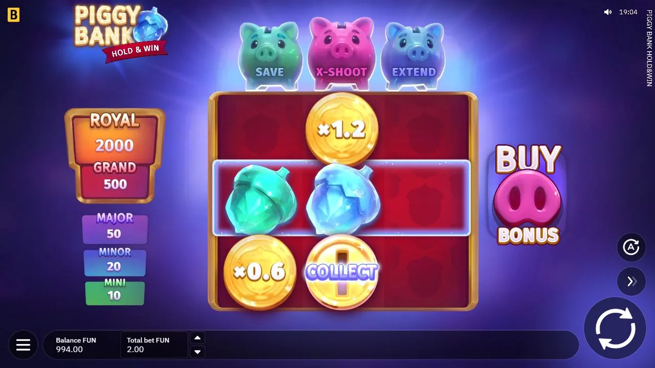 Schermbeeld uit de demosessie van Piggy Bank Hold & Win