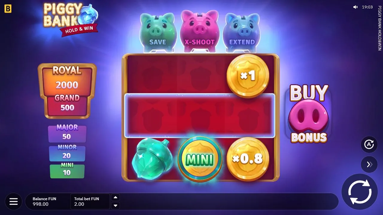 Schermbeeld uit de demosessie van Piggy Bank Hold & Win
