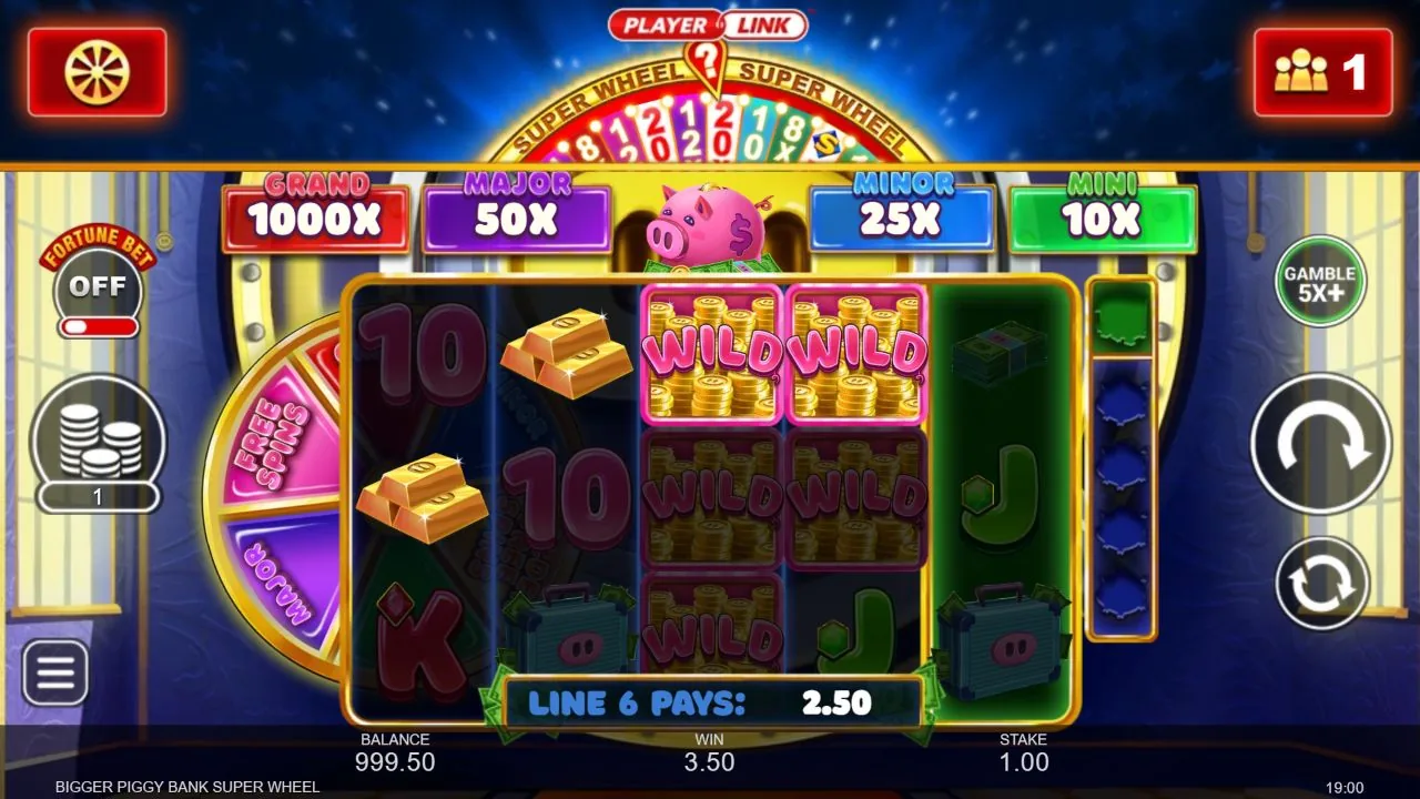Schermbeeld uit de demosessie van Bigger Piggy Bank Super Wheel